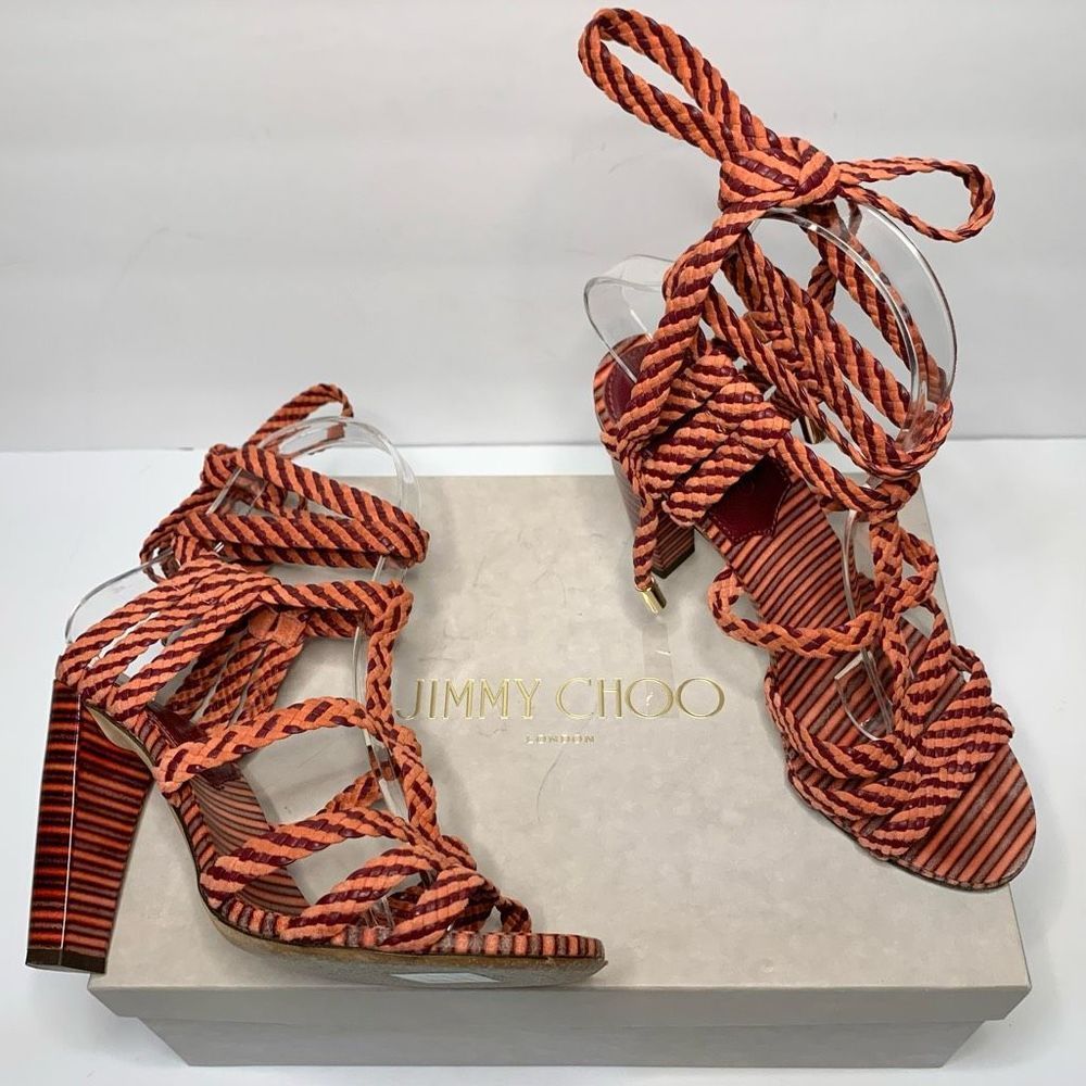 Jimmy Choo Trix 100mm Woven Multi-Wrap Sandal High Heel Pumps Coral EU 37 US 7